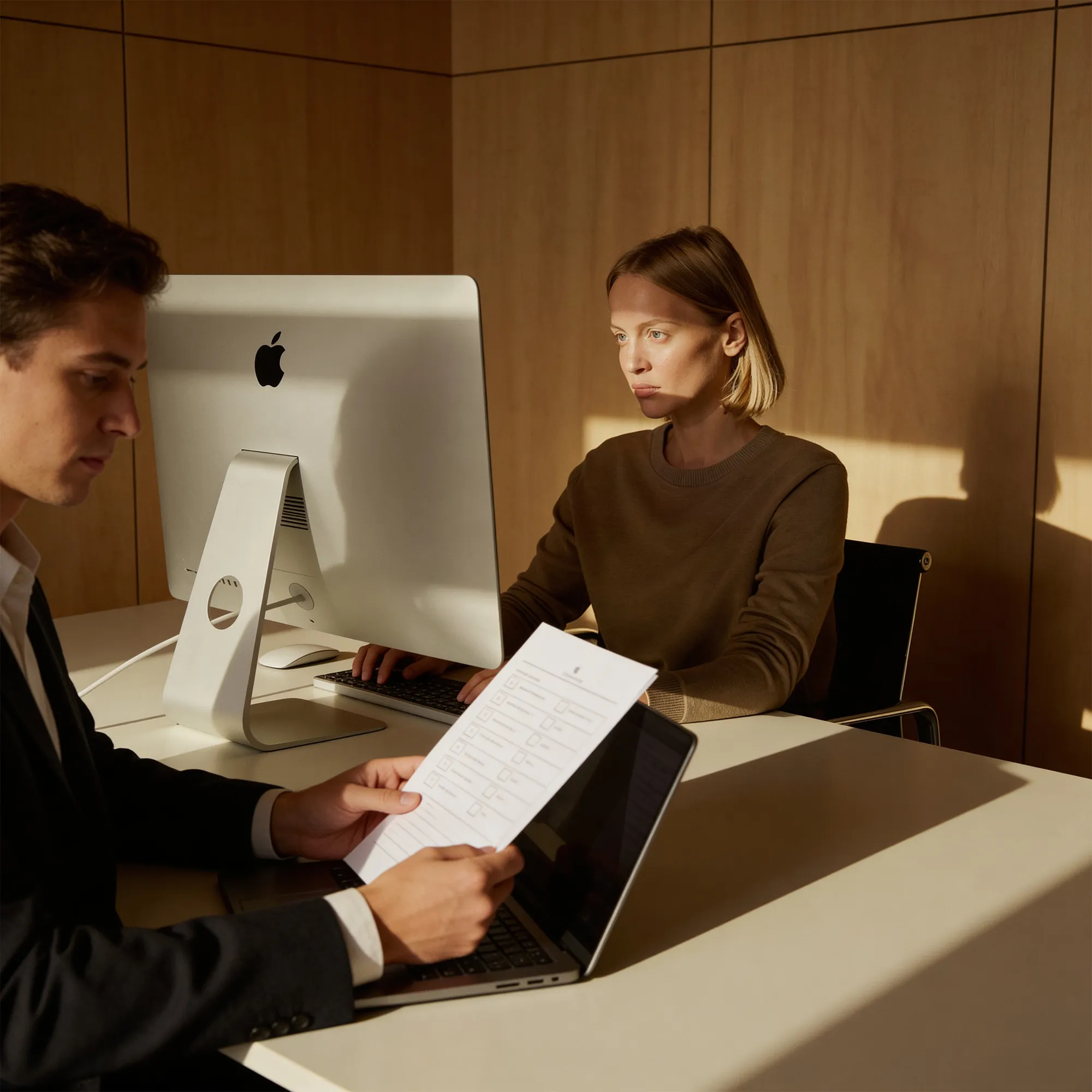 Man in suit reviewing a document while a woman in a brown sweater works on an iMac in a wood-paneled office.