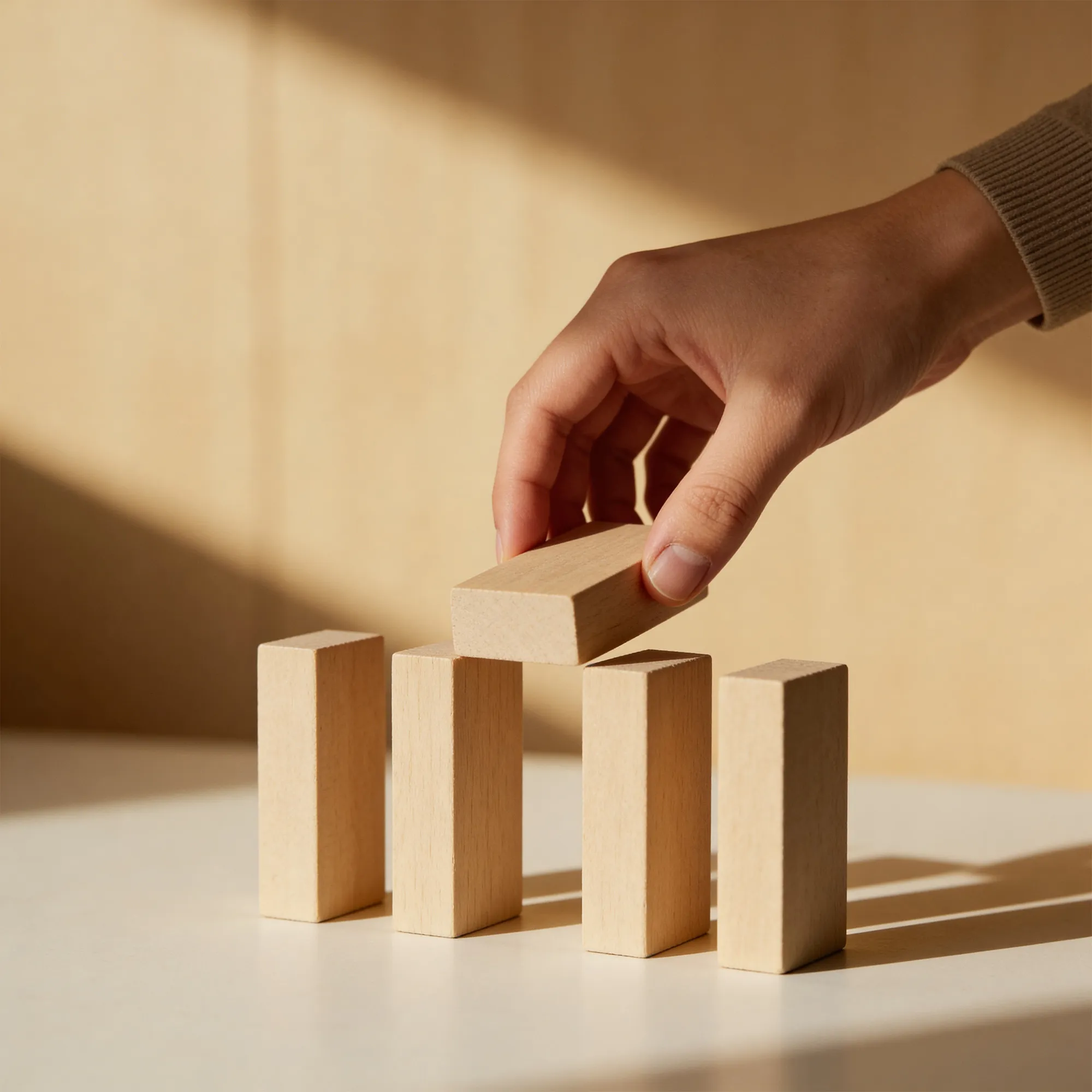 Hand placing a wooden block in a row of standing wooden blocks on a table.