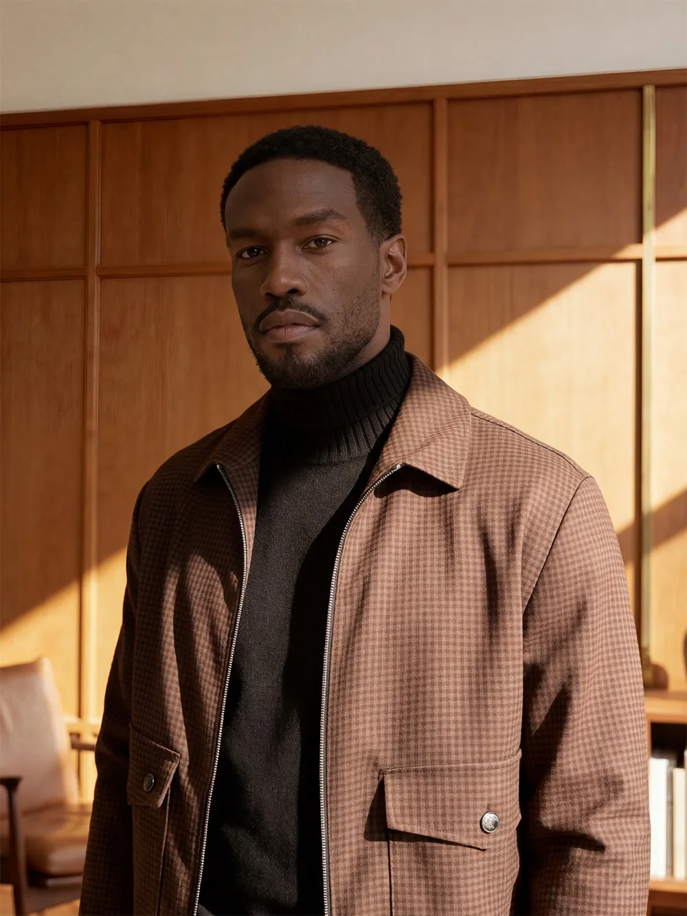 Man wearing a brown checkered jacket over a black turtleneck sweater standing indoors with wood-paneled walls in the background.