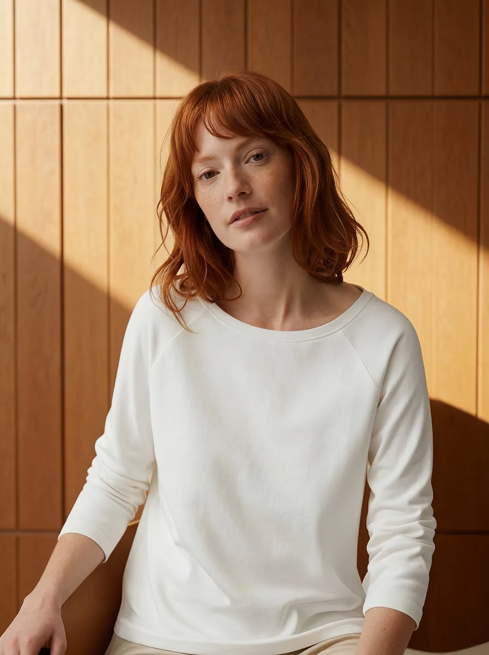 Portrait of a woman with red hair wearing a white long-sleeve shirt seated against a wooden panel background.